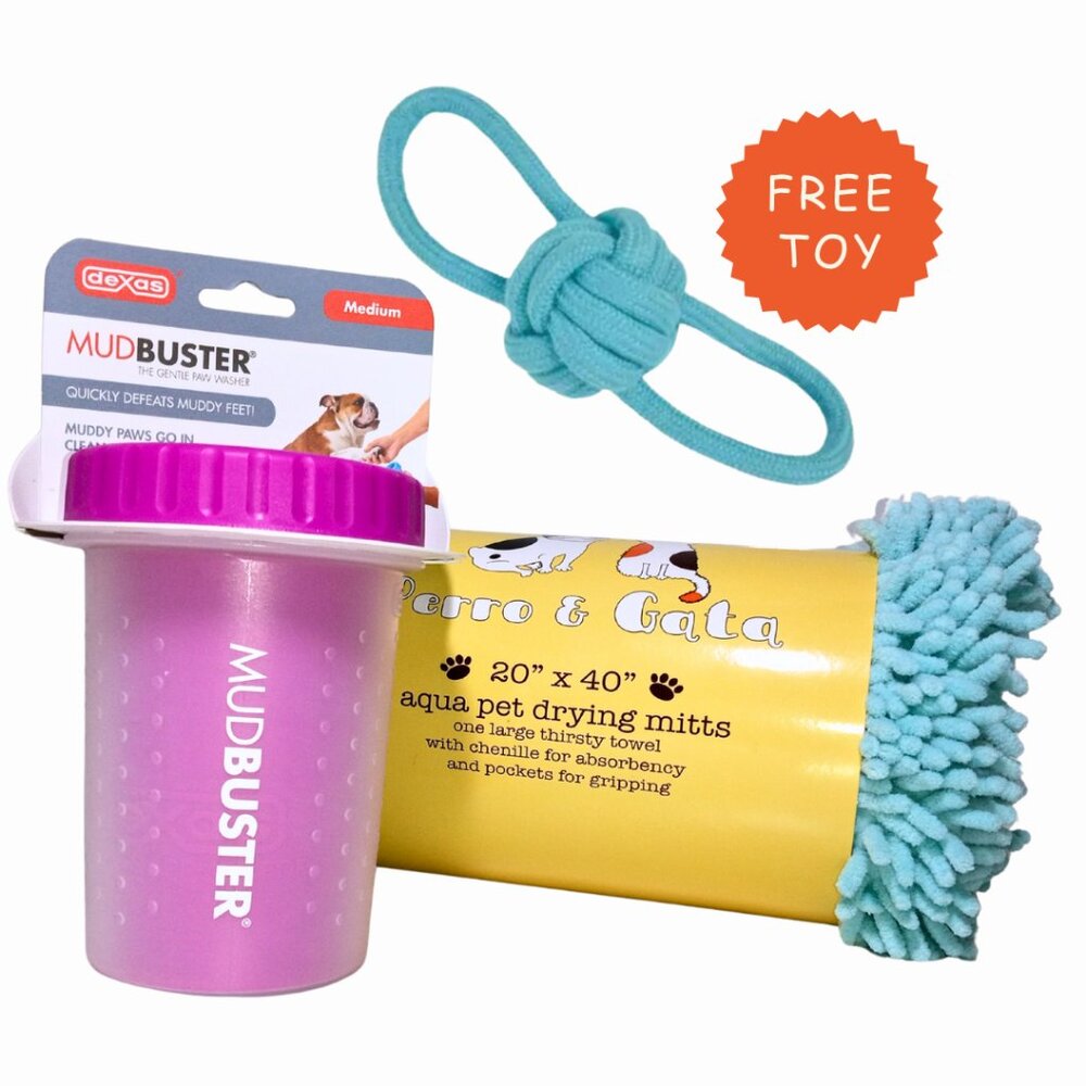 New Medium Mudbuster Dog Paw Cleaner and Microfiber Pet Towel + FREE Toy Bundle
